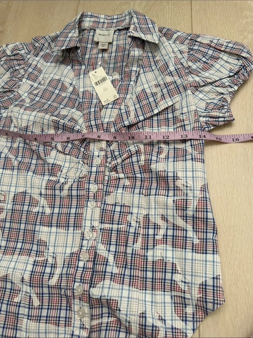 Maeve White Plaid Dog Puff-Sleeve Button Front Blouse